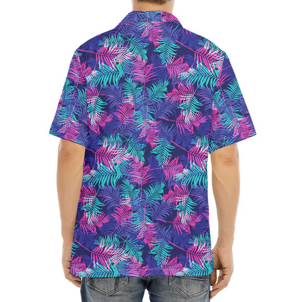 Pink And Blue Tropical Palm Leaf Print Aloha Shirt