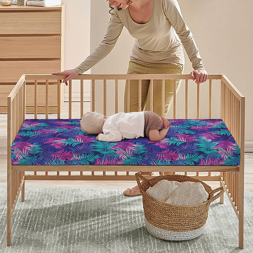 Pink And Blue Tropical Palm Leaf Print Baby Crib Sheet
