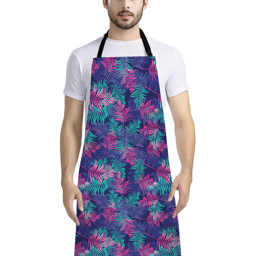 Pink And Blue Tropical Palm Leaf Print Bib Apron With Pocket