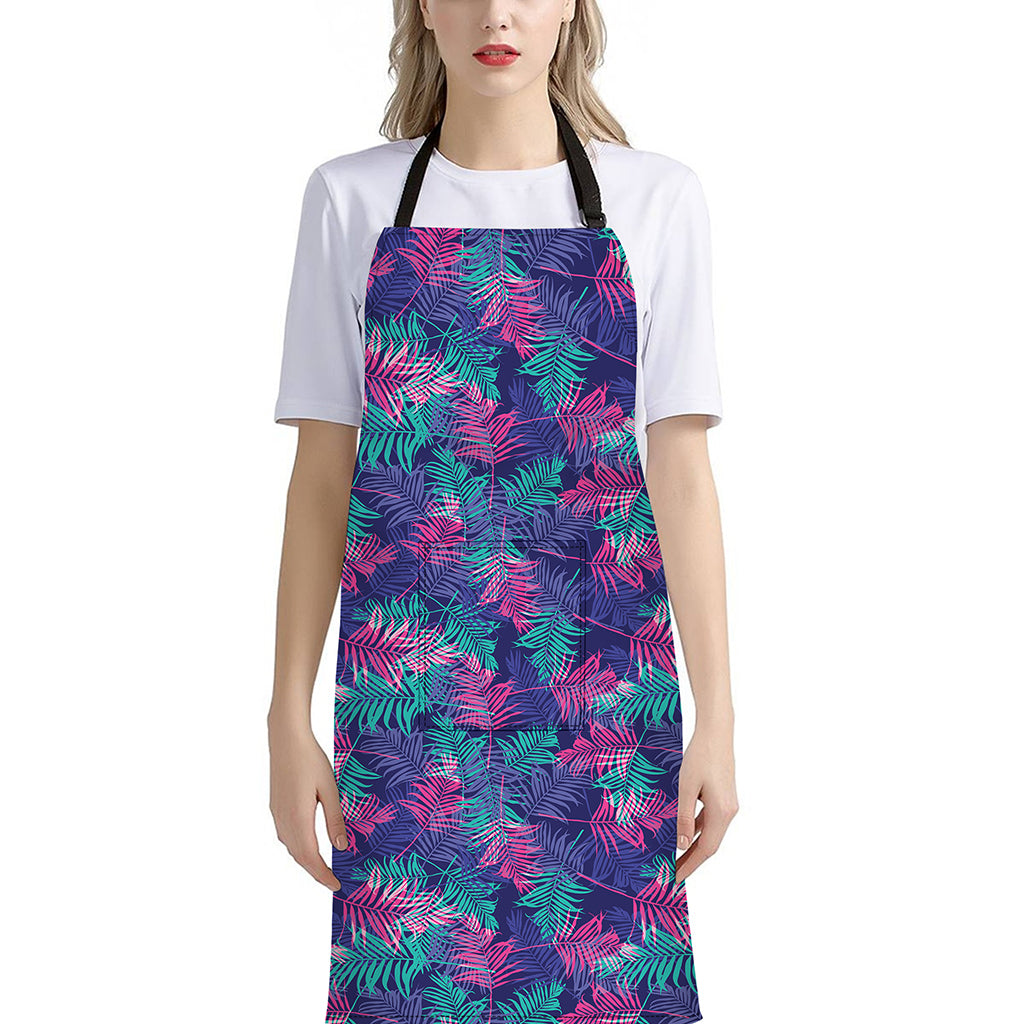 Pink And Blue Tropical Palm Leaf Print Bib Apron With Pocket