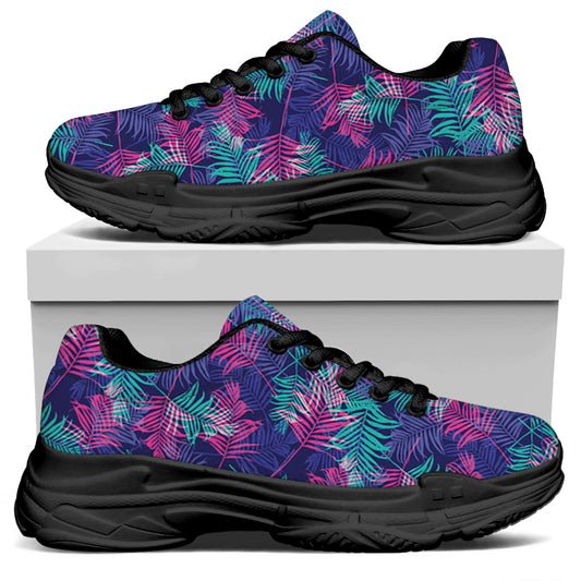 Pink And Blue Tropical Palm Leaf Print Black Chunky Shoes