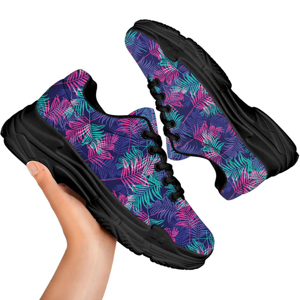Pink And Blue Tropical Palm Leaf Print Black Chunky Shoes