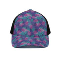 Pink And Blue Tropical Palm Leaf Print Black Mesh Trucker Hat