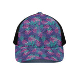 Pink And Blue Tropical Palm Leaf Print Black Mesh Trucker Cap