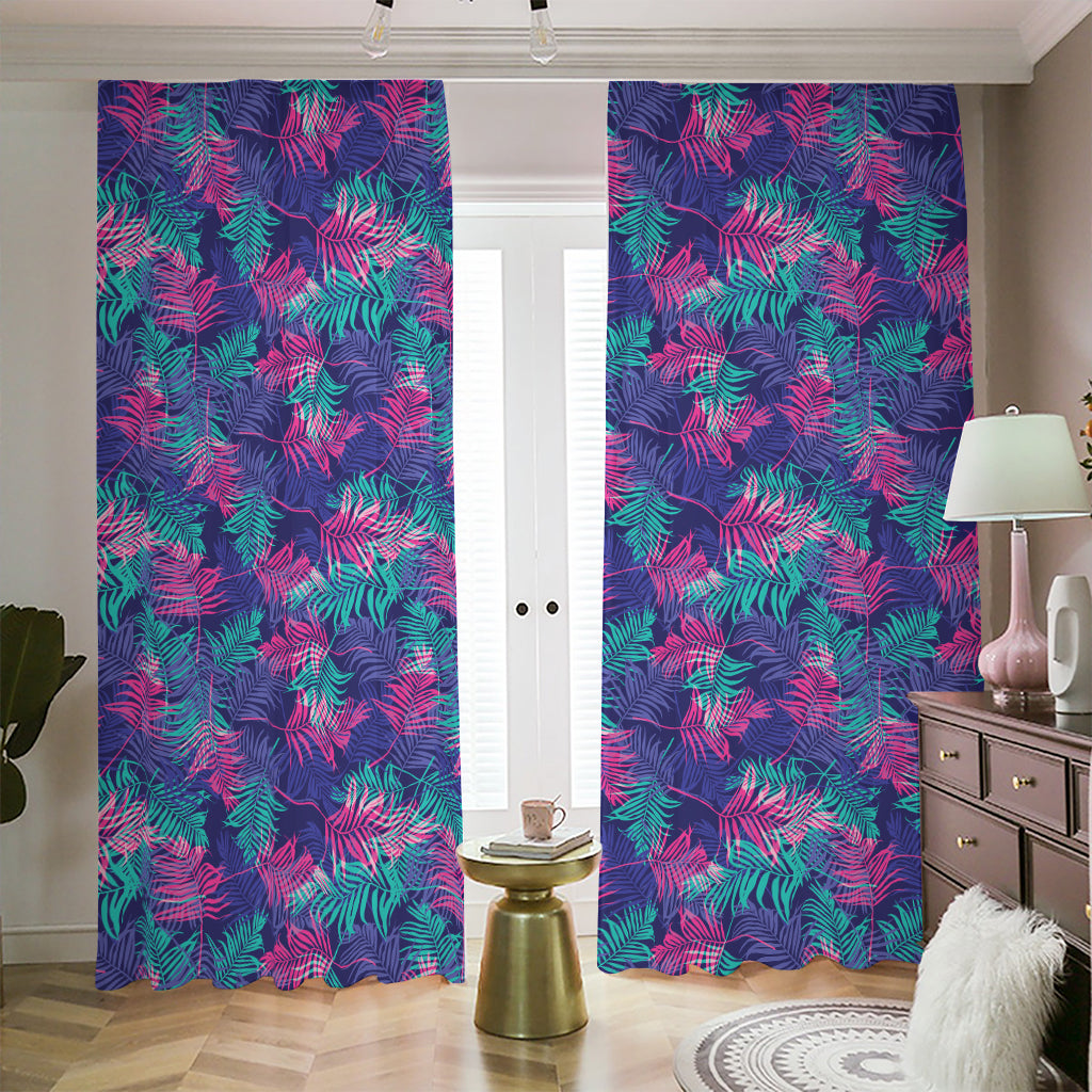 Pink And Blue Tropical Palm Leaf Print Blackout Pencil Pleat Curtains
