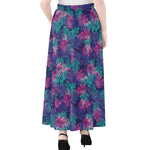 Pink And Blue Tropical Palm Leaf Print Chiffon Maxi Skirt