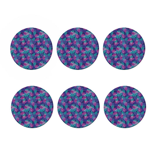 Pink And Blue Tropical Palm Leaf Print Coaster Set