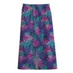 Pink And Blue Tropical Palm Leaf Print Cotton Front Slit Maxi Skirt