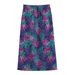 Pink And Blue Tropical Palm Leaf Print Cotton Front Slit Maxi Skirt