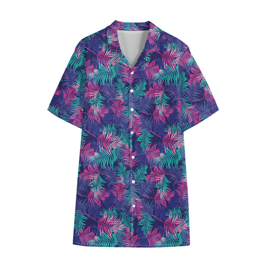 Pink And Blue Tropical Palm Leaf Print Cotton Hawaiian Shirt