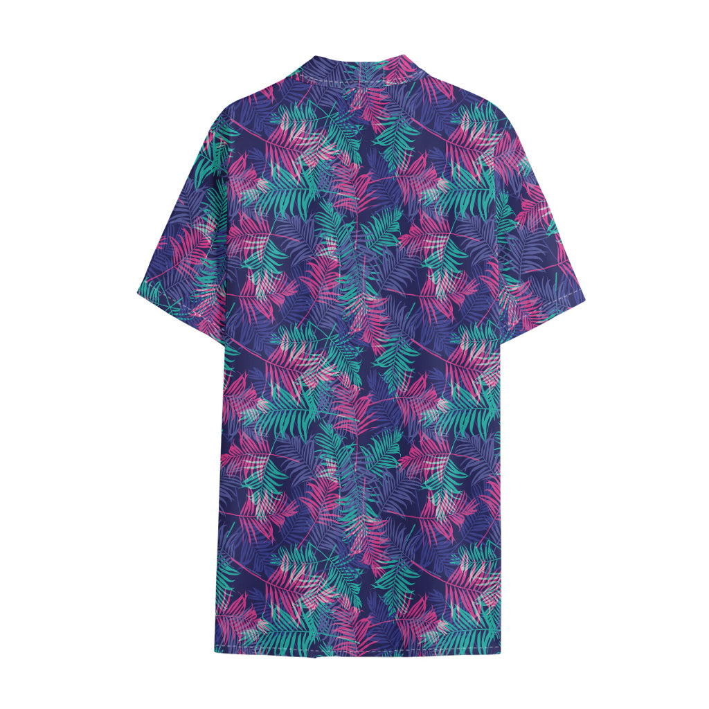 Pink And Blue Tropical Palm Leaf Print Cotton Hawaiian Shirt