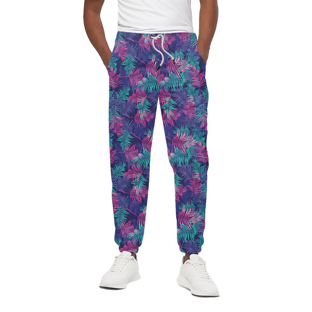 Pink And Blue Tropical Palm Leaf Print Cotton Pants