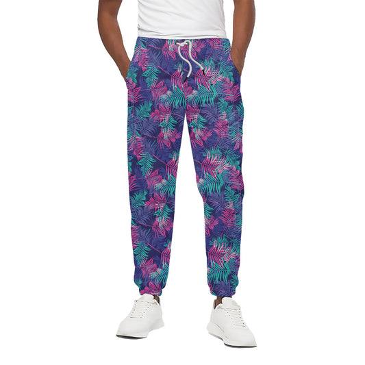 Pink And Blue Tropical Palm Leaf Print Cotton Pants