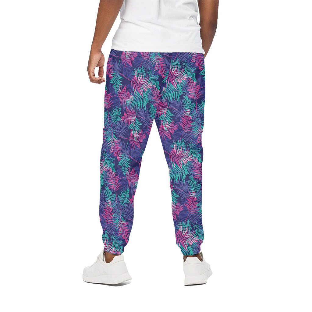 Pink And Blue Tropical Palm Leaf Print Cotton Pants