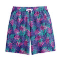 Pink And Blue Tropical Palm Leaf Print Cotton Shorts
