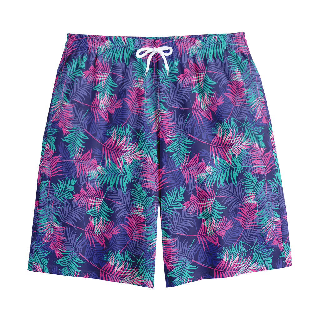 Pink And Blue Tropical Palm Leaf Print Cotton Shorts