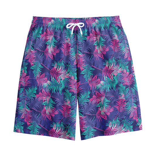 Pink And Blue Tropical Palm Leaf Print Cotton Shorts