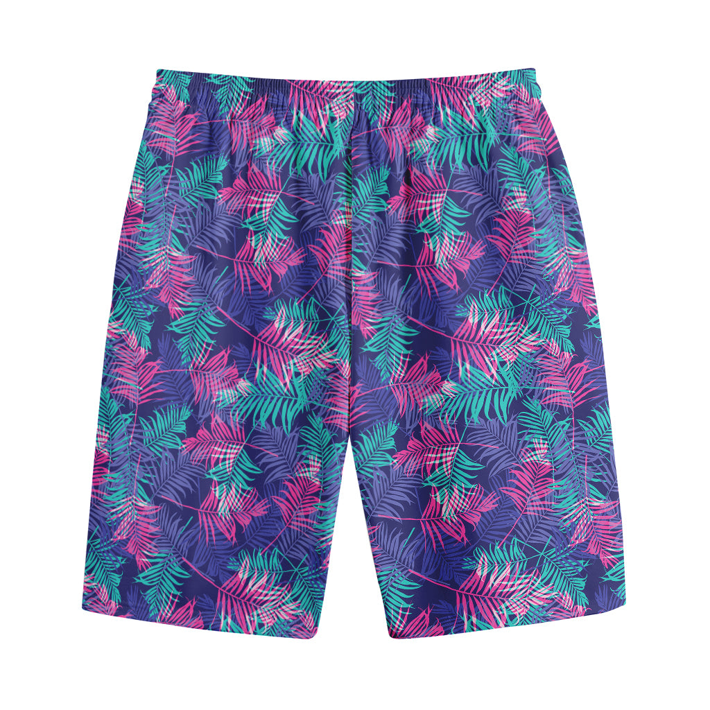 Pink And Blue Tropical Palm Leaf Print Cotton Shorts