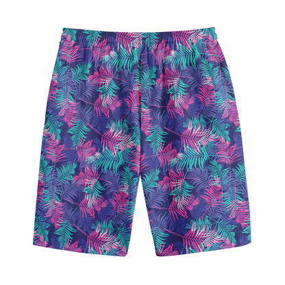 Pink And Blue Tropical Palm Leaf Print Cotton Shorts