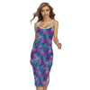 Pink And Blue Tropical Palm Leaf Print Cross Back Cami Dress