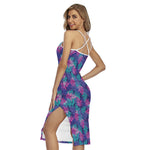 Pink And Blue Tropical Palm Leaf Print Cross Back Cami Dress