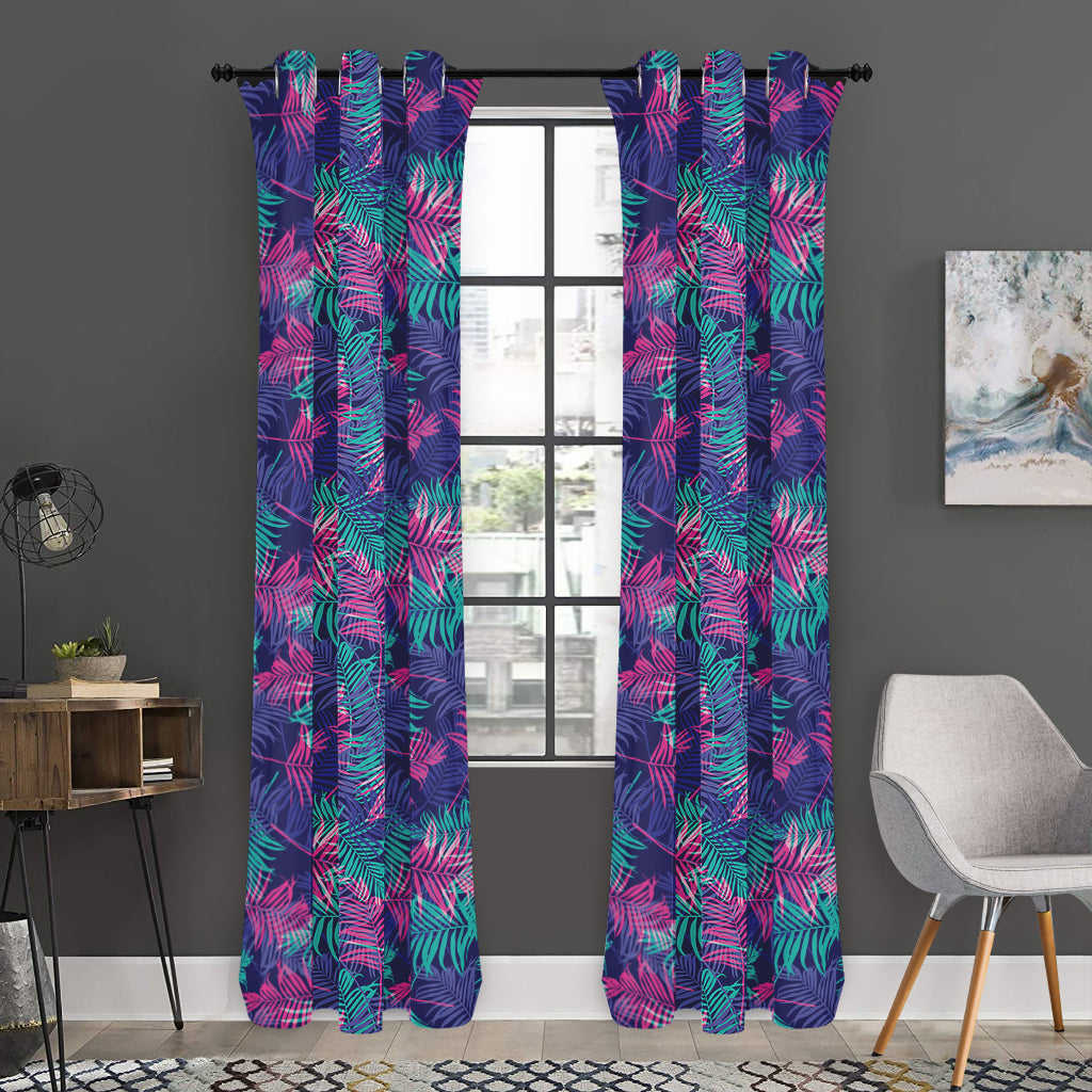 Pink And Blue Tropical Palm Leaf Print Curtain