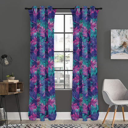 Pink And Blue Tropical Palm Leaf Print Curtain