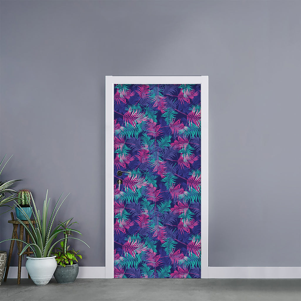 Pink And Blue Tropical Palm Leaf Print Door Sticker