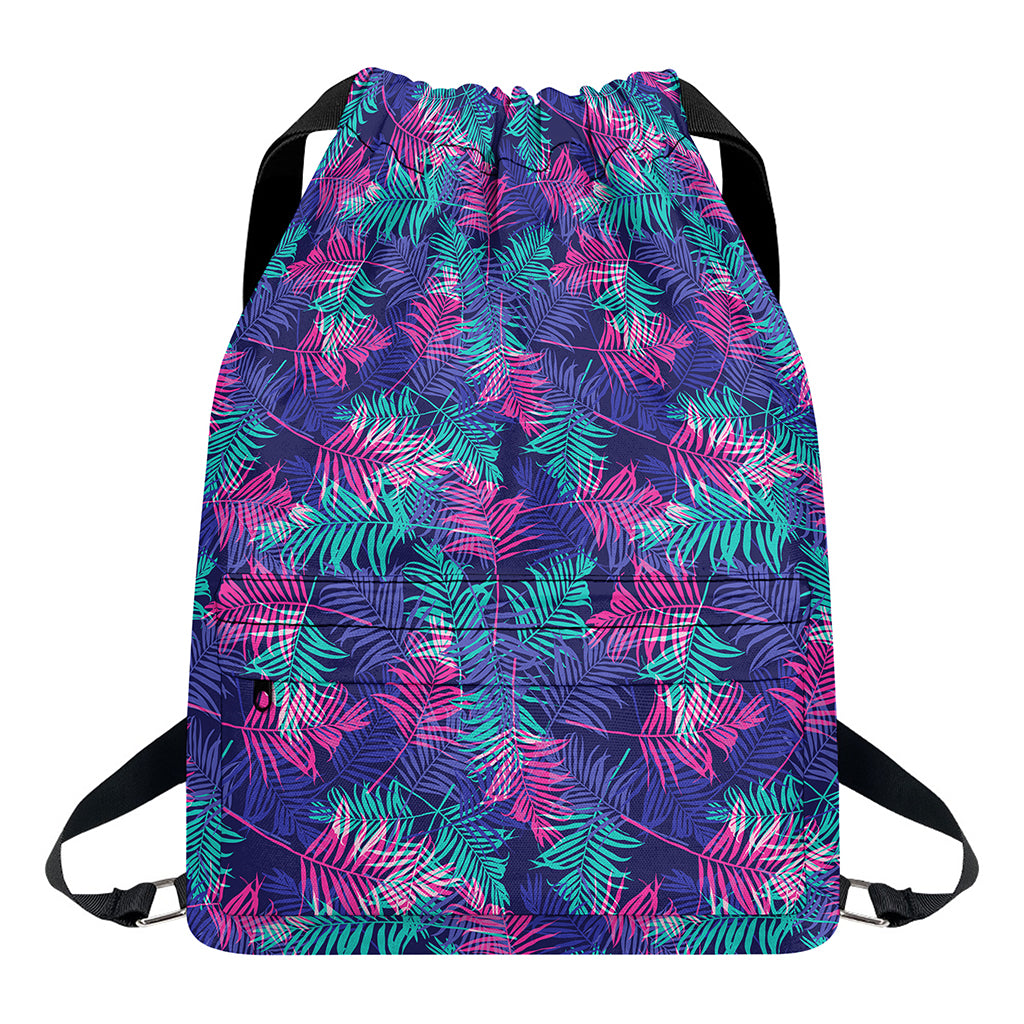 Pink And Blue Tropical Palm Leaf Print Drawstring Backpack