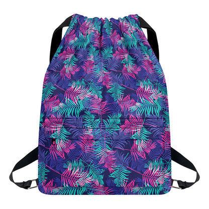 Pink And Blue Tropical Palm Leaf Print Drawstring Backpack