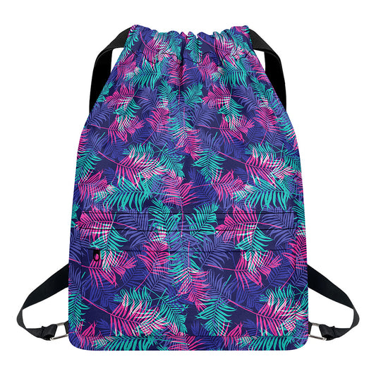 Pink And Blue Tropical Palm Leaf Print Drawstring Backpack