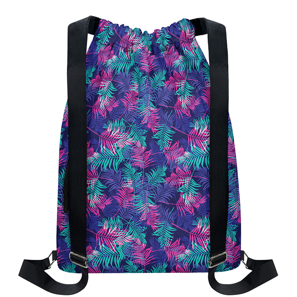 Pink And Blue Tropical Palm Leaf Print Drawstring Backpack