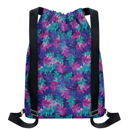Pink And Blue Tropical Palm Leaf Print Drawstring Backpack
