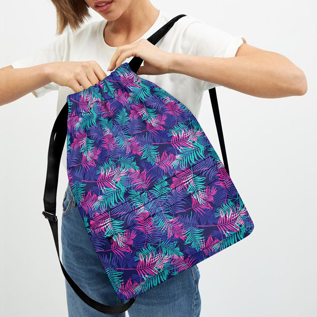 Pink And Blue Tropical Palm Leaf Print Drawstring Backpack