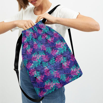 Pink And Blue Tropical Palm Leaf Print Drawstring Backpack