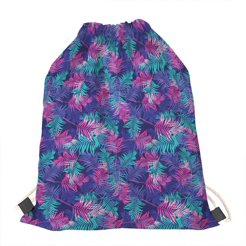 Pink And Blue Tropical Palm Leaf Print Drawstring Bag