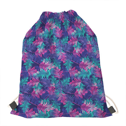 Pink And Blue Tropical Palm Leaf Print Drawstring Bag
