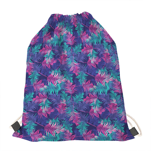 Pink And Blue Tropical Palm Leaf Print Drawstring Bag
