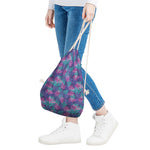Pink And Blue Tropical Palm Leaf Print Drawstring Bag