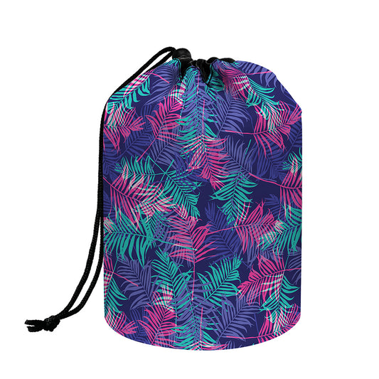 Pink And Blue Tropical Palm Leaf Print Drawstring Makeup Bag