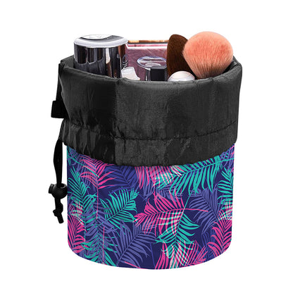 Pink And Blue Tropical Palm Leaf Print Drawstring Makeup Bag
