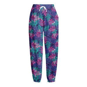 Pink And Blue Tropical Palm Leaf Print Fleece Lined Knit Pants