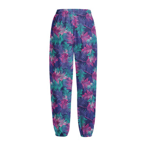 Pink And Blue Tropical Palm Leaf Print Fleece Lined Knit Pants