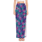 Pink And Blue Tropical Palm Leaf Print High Slit Maxi Skirt