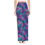 Pink And Blue Tropical Palm Leaf Print High Slit Maxi Skirt