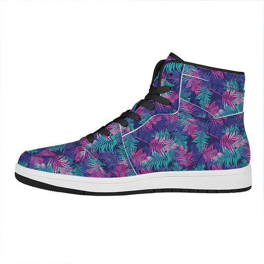 Pink And Blue Tropical Palm Leaf Print High Top Leather Sneakers