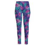 Pink And Blue Tropical Palm Leaf Print High-Waisted Pocket Leggings