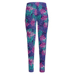 Pink And Blue Tropical Palm Leaf Print High-Waisted Pocket Leggings