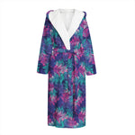 Pink And Blue Tropical Palm Leaf Print Hooded Bathrobe