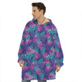 Pink And Blue Tropical Palm Leaf Print Hoodie Blanket